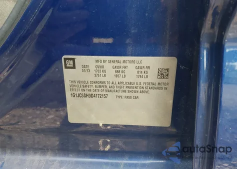 2013 Chevrolet Sonic Lt Auto из США, поврежденный, VIN 1G1JC5SH9D4172157